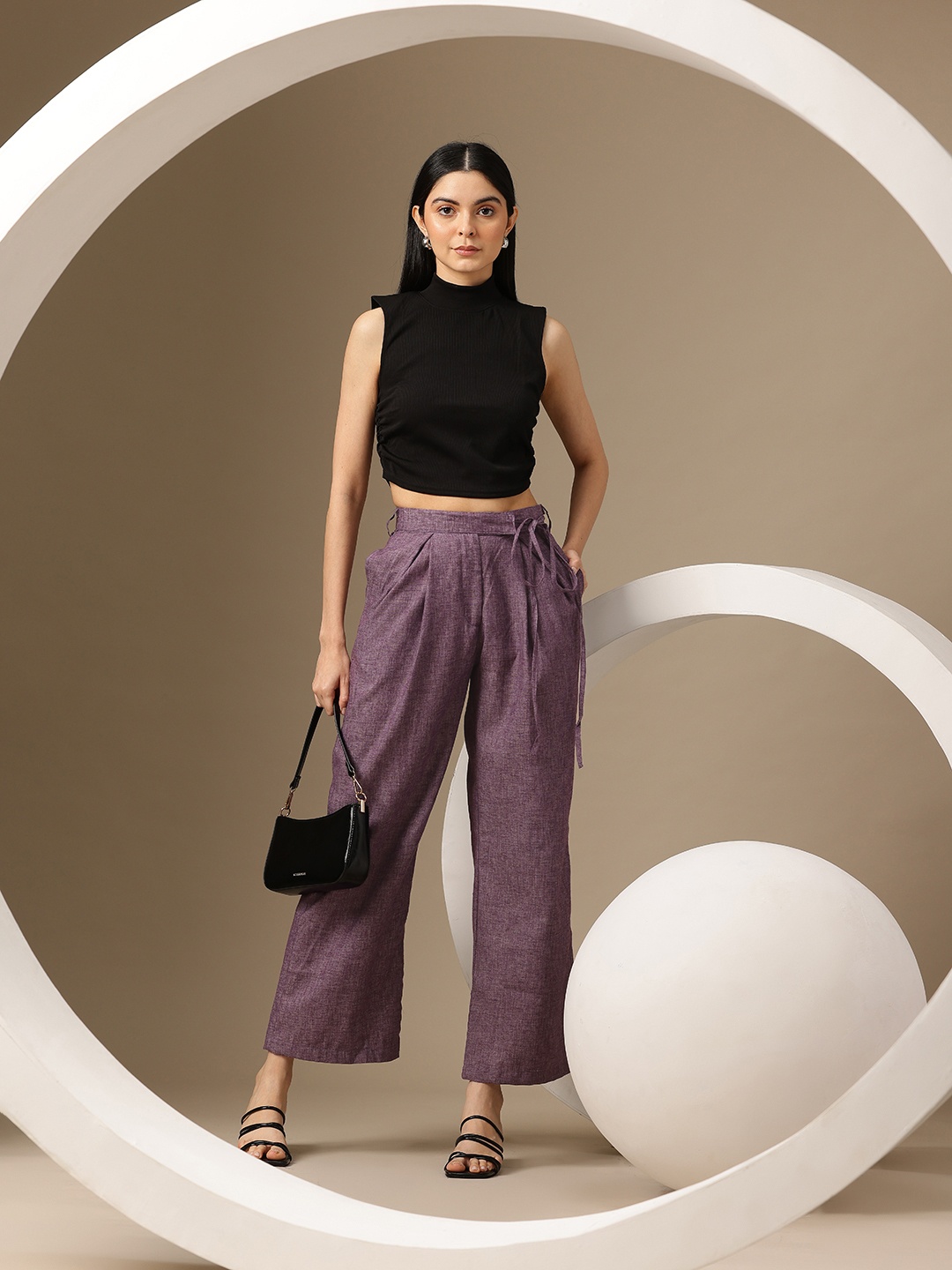 

Chemistry Women Cotton Tie-Up High-Rise Pleated Trousers, Purple