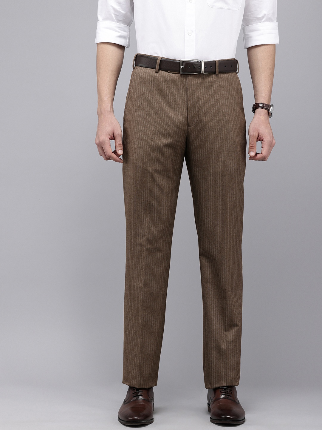 

Park Avenue Men Striped Formal Trousers, Brown