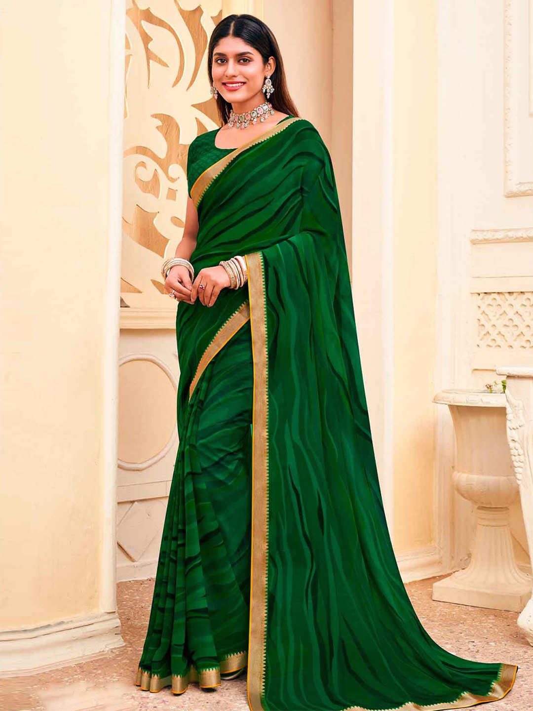 

Laxmipati Abstract Printed Woven Designed Zari Saree, Green