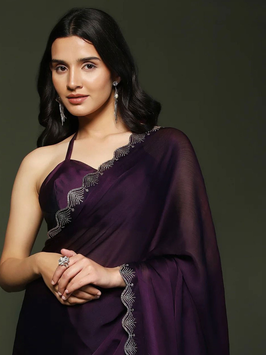 

HERE&NOW Beads and Stones Embellished Saree, Purple