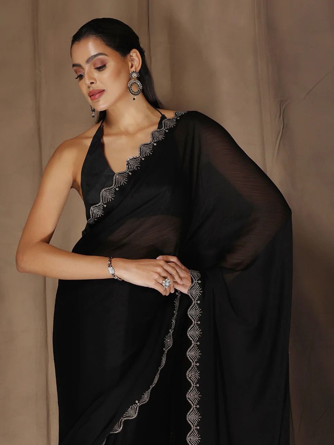 

HERE&NOW Beads and Stones Embellished Saree, Black