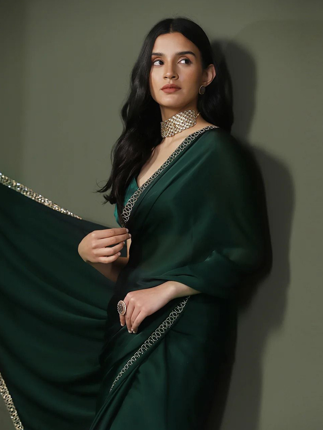 

HERE&NOW Beads and Stones Embellished Saree, Green