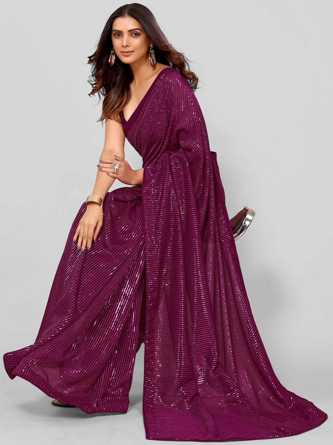 

HERE&NOW Embellished Sequinned Saree, Purple