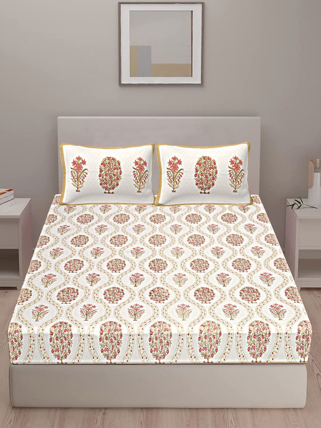 

VANI E White & Brown Floral Printed 250 TC Pure Cotton King Bedsheet With 2 Pillow Covers