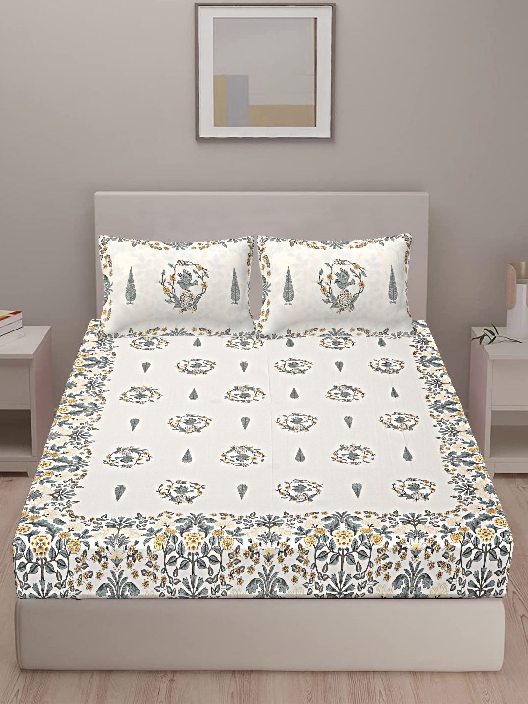 

VANI E White & Grey Floral Printed 250 TC Pure Cotton King Bedsheet With 2 Pillow Covers