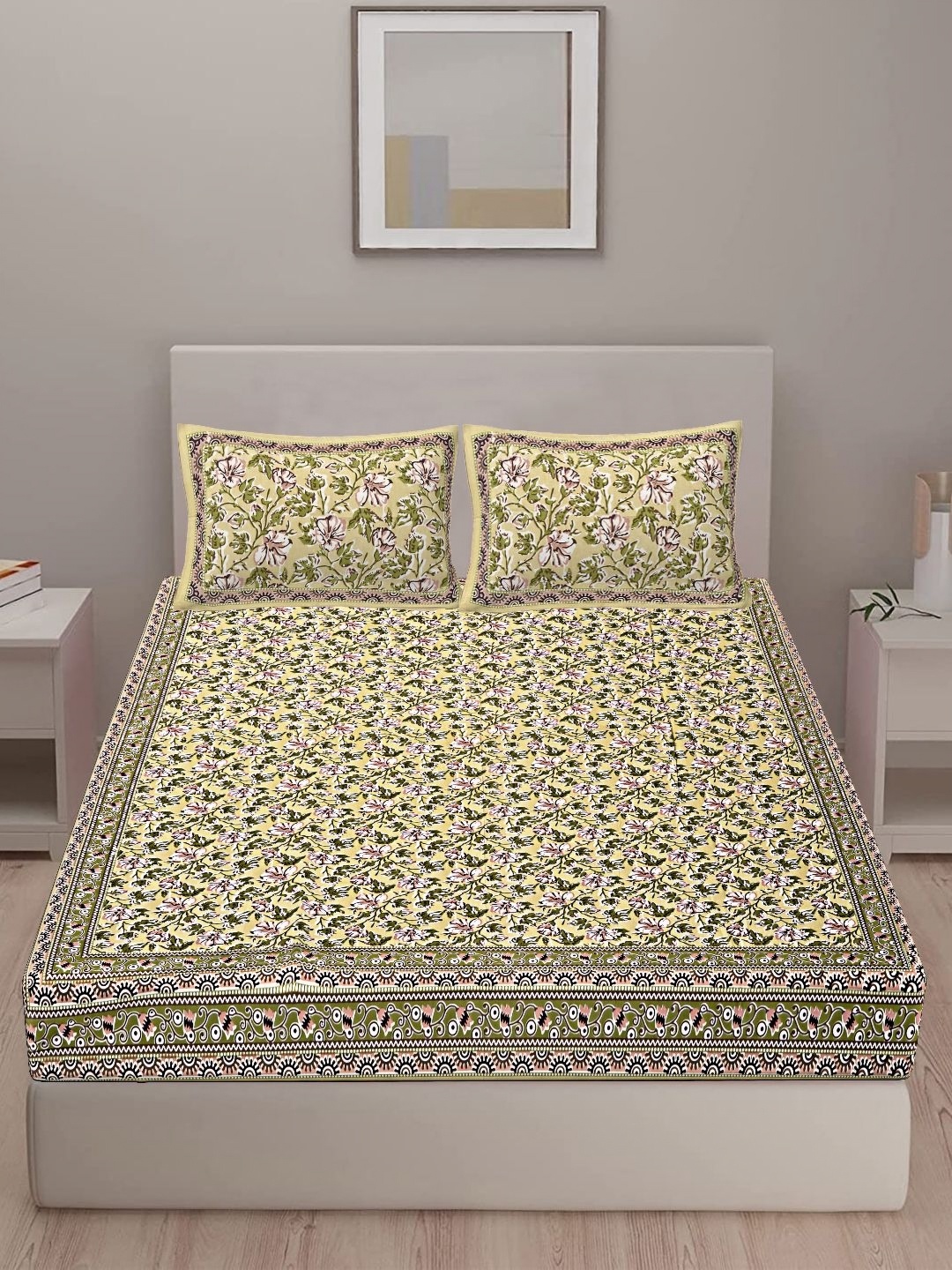 

VANI E Yellow & Green Floral Printed 250 TC Pure Cotton King Bedsheet With 2 Pillow Covers