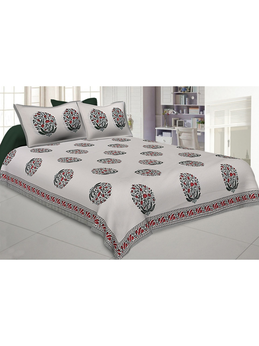 

VANI E Grey & Red Floral Printed 250 TC Pure Cotton King Bedsheet With 2 Pillow Covers