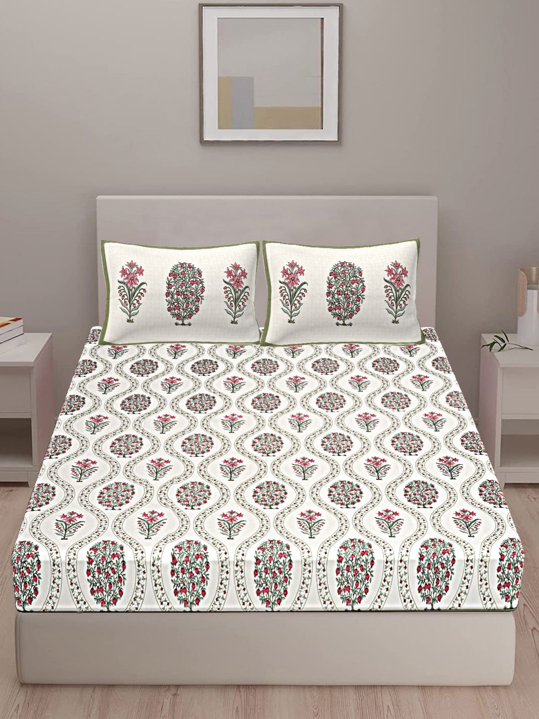 

VANI E White & Green Floral Printed 250 TC Pure Cotton King Bedsheet With 2 Pillow Covers
