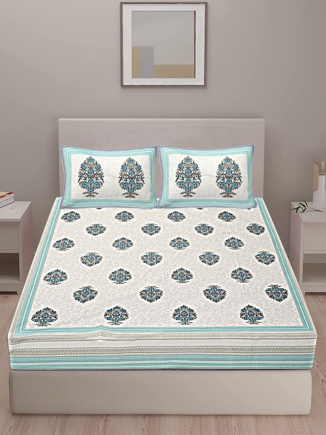 

VANI E White & Blue Floral Printed 250 TC Pure Cotton King Bedsheet With 2 Pillow Covers