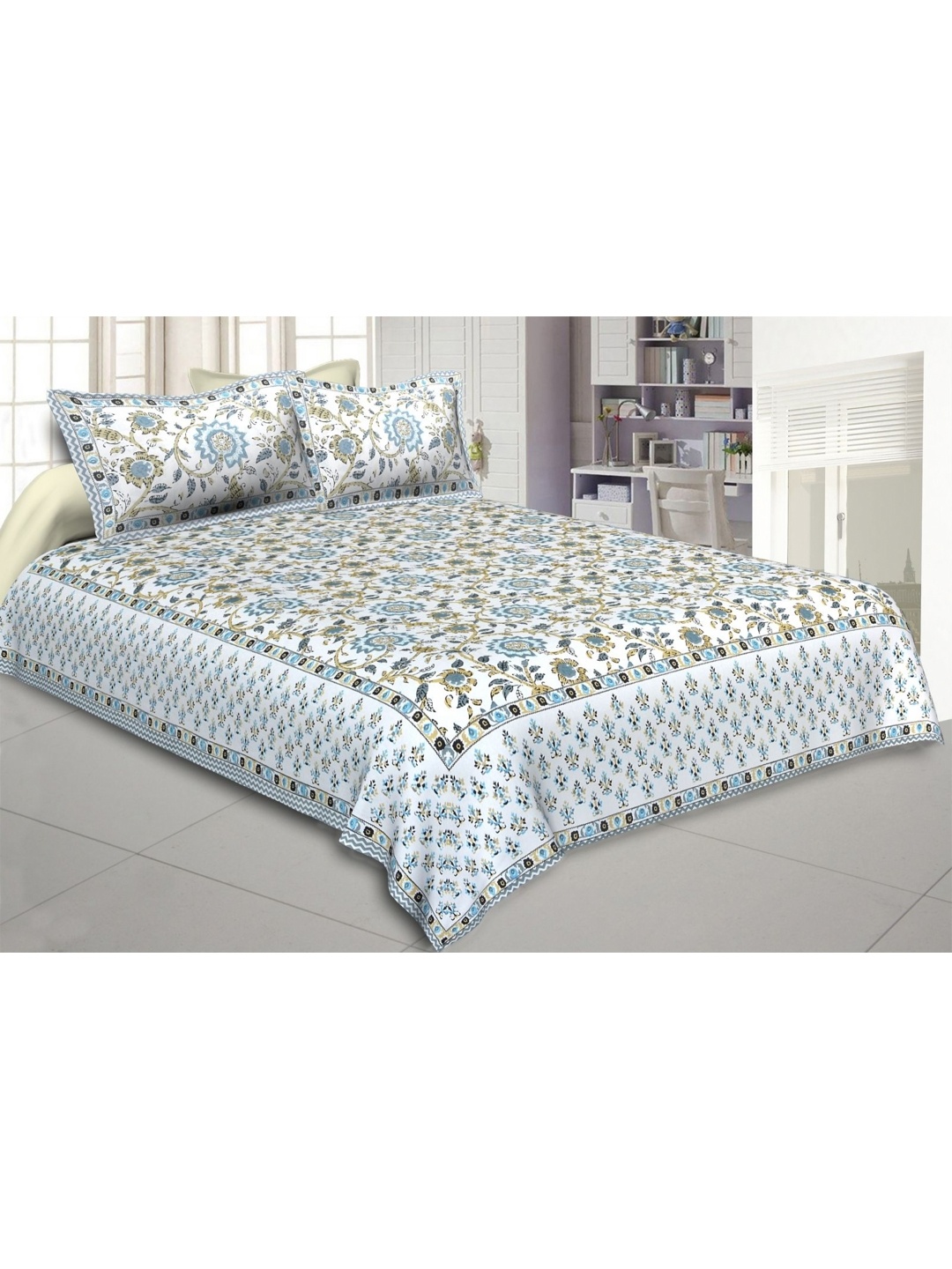 

VANI E Blue & White Floral 250 TC Pure Cotton King Bedsheet With 2 Pillow Covers