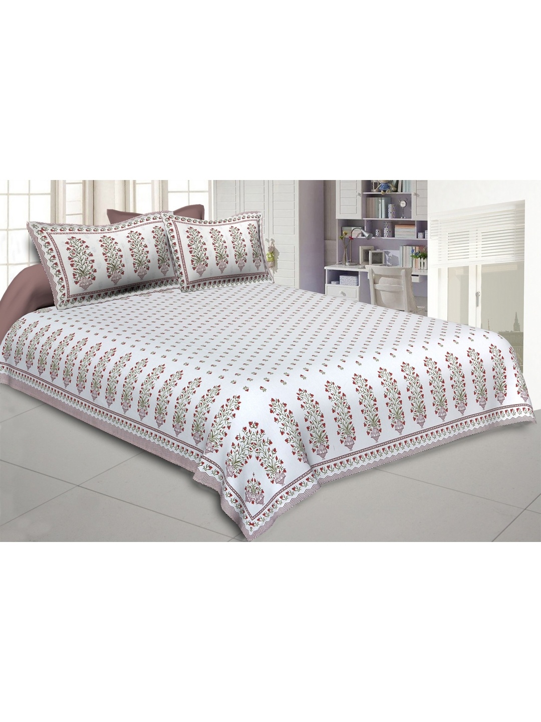 

VANI E Red & White Floral 250 TC Pure Cotton King Bedsheet With 2 Pillow Covers