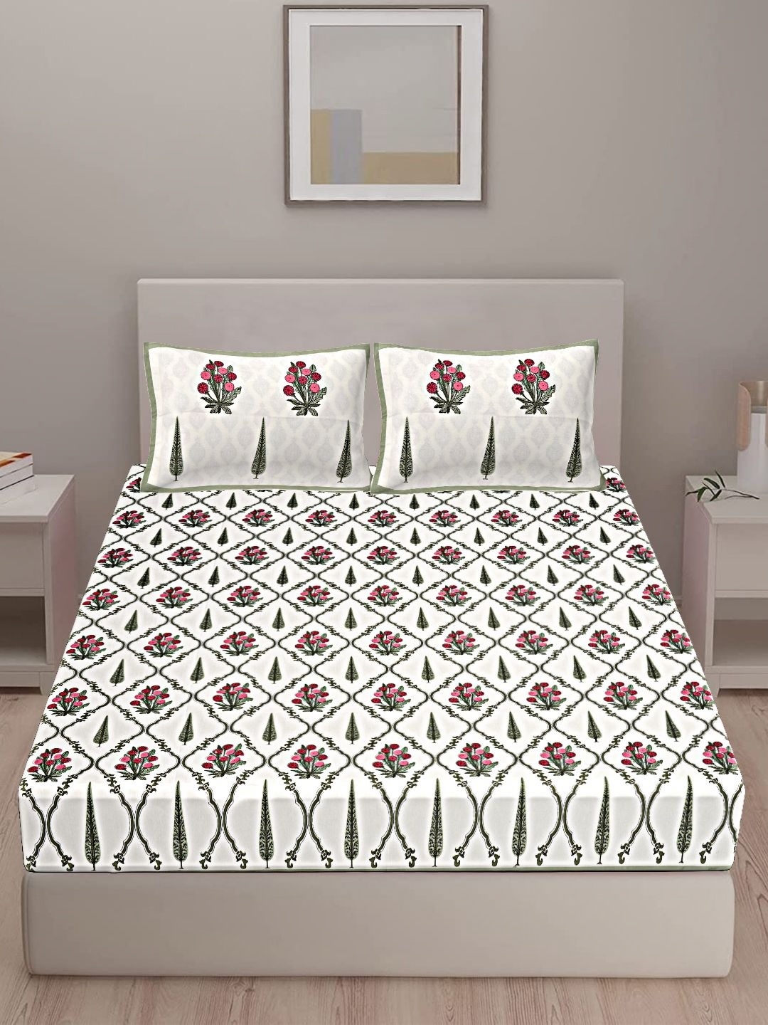 

VANI E Green & White Floral 250 TC Pure Cotton King Bedsheet With 2 Pillow Covers