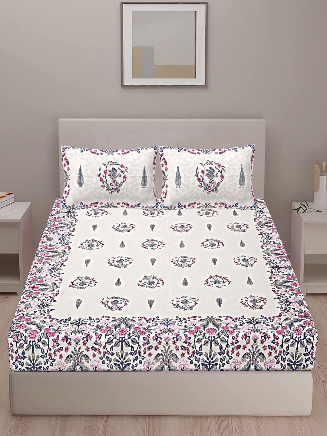 

VANI E Blue & White Floral 250 TC Pure Cotton King Bedsheet With 2 Pillow Covers
