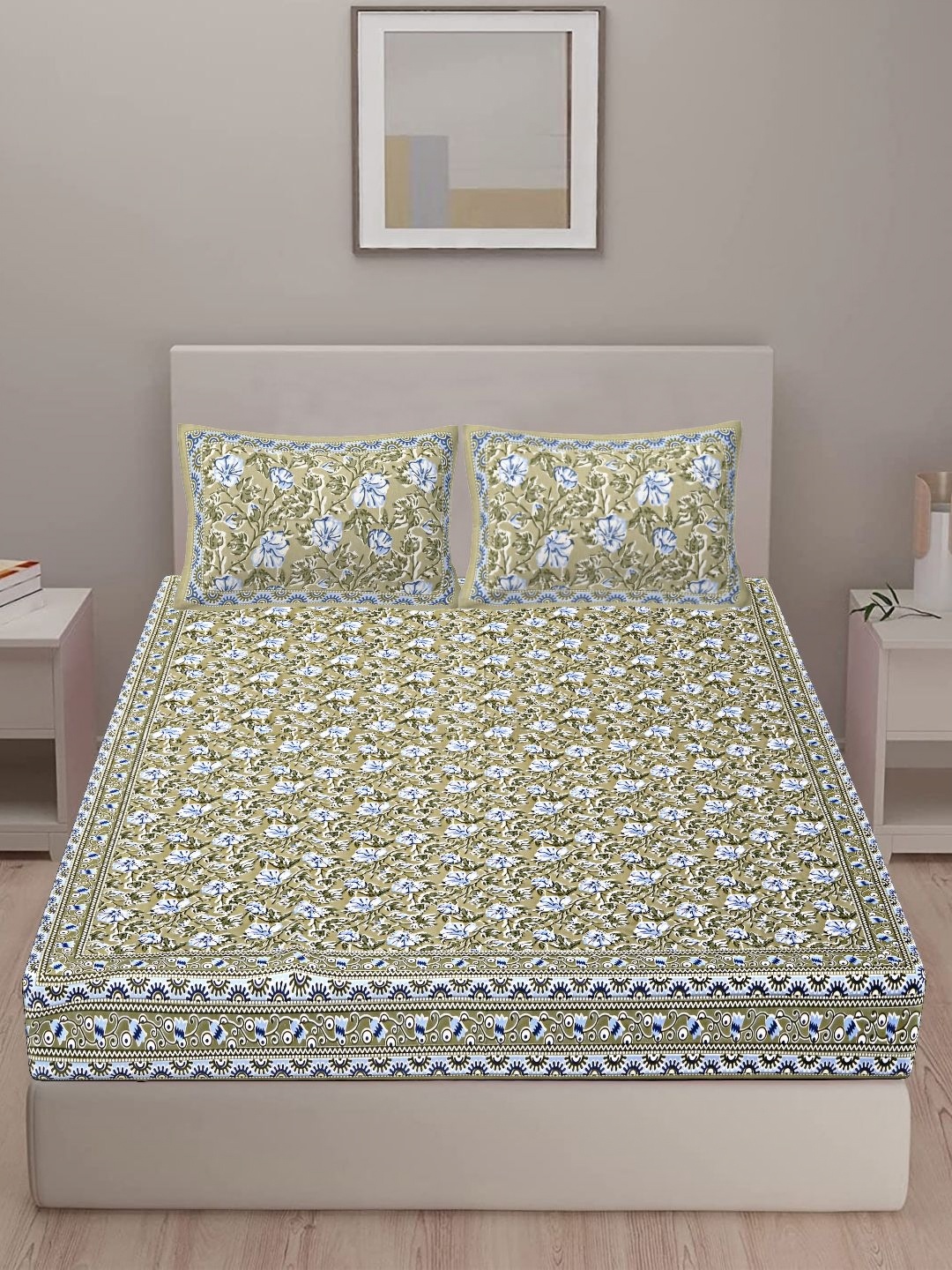 

VANI E Green & Blue Floral 250 TC Pure Cotton King Bedsheet With 2 Pillow Covers