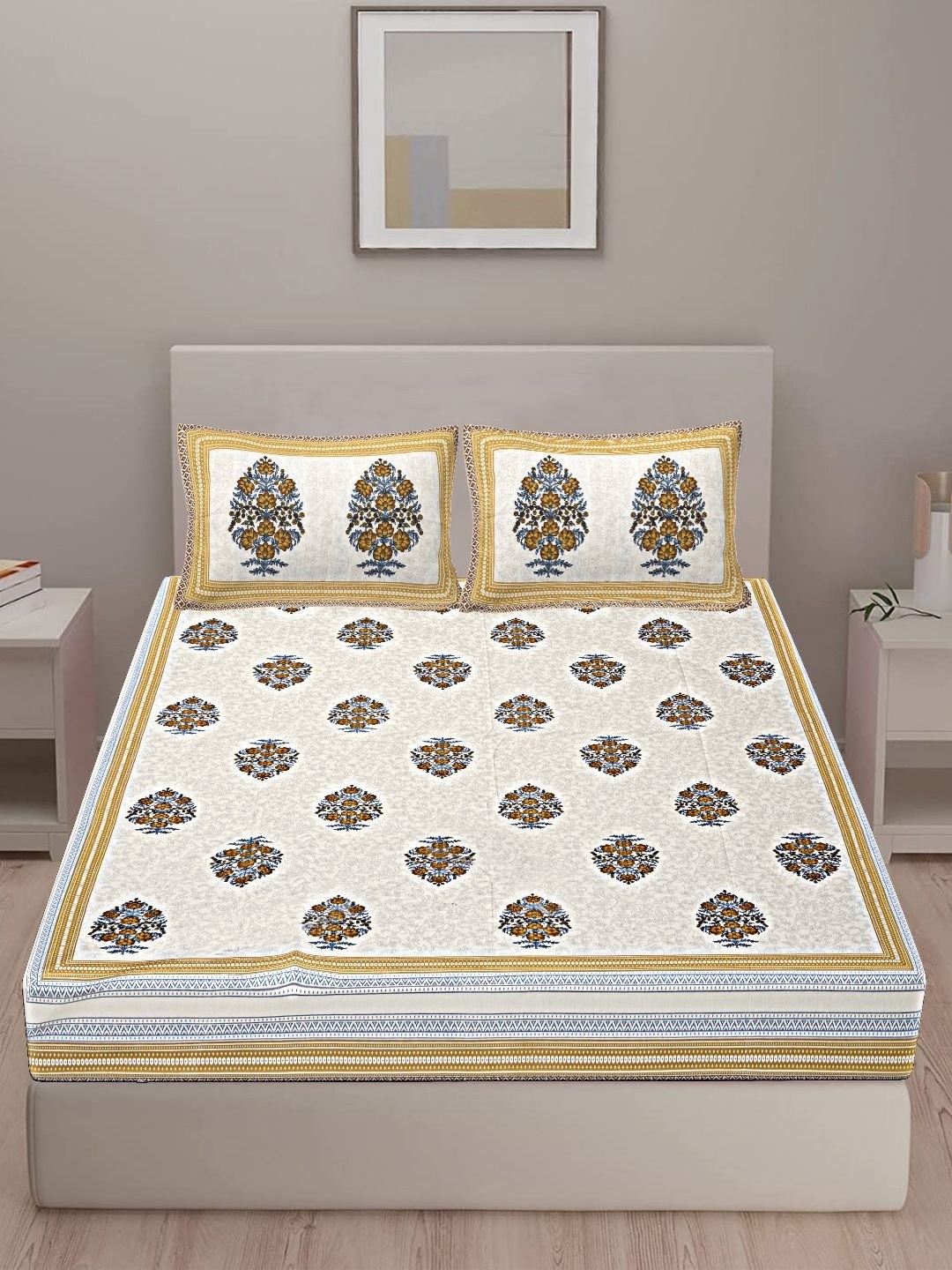 

VANI E Brown & White Floral Pure Cotton 250 TC King Bedsheet with 2 Pillow Covers