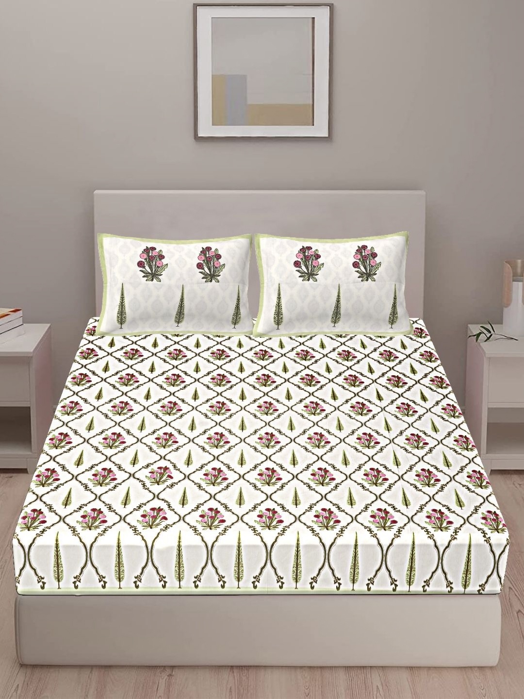 

VANI E Sanganeri Green Printed Pure Cotton 250 TC King Bedsheet With 2 Pillow Covers