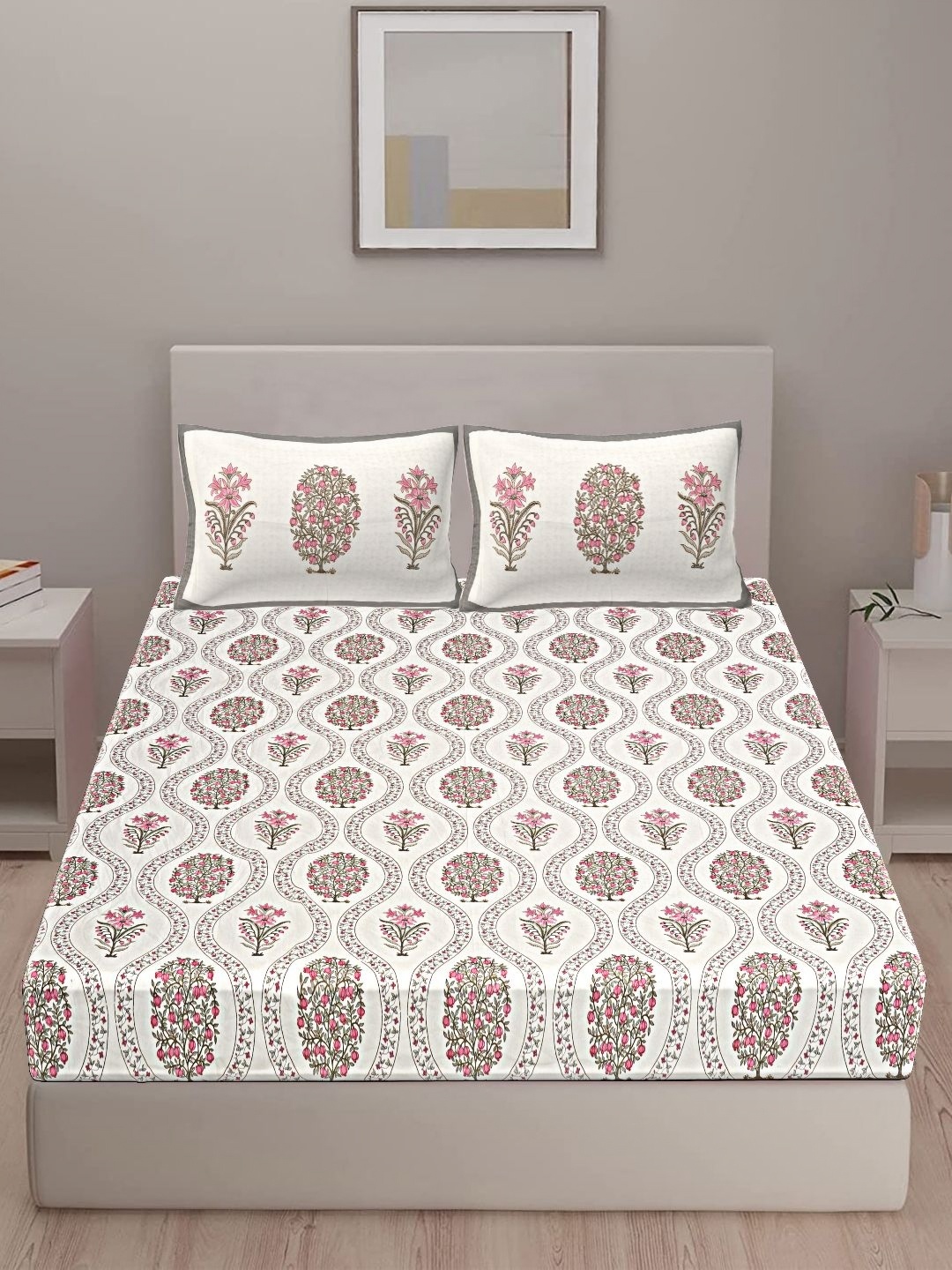 

VANI E Sanganeri Grey Floral Printed Pure Cotton 250 TC King Bedsheet With 2 Pillow Covers