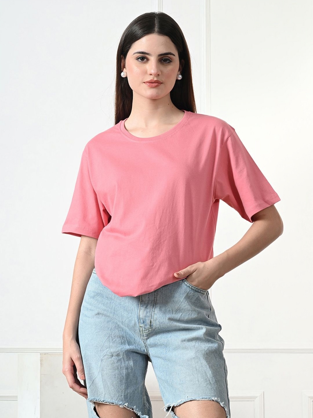 

FITINC Women Drop-Shoulder Sleeves Pockets T-shirt, Peach