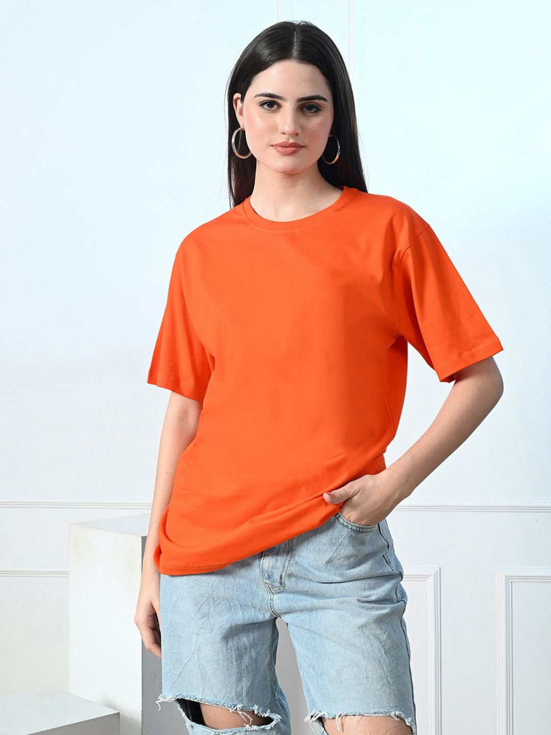 

FITINC Women Drop-Shoulder Sleeves Pockets T-shirt, Orange