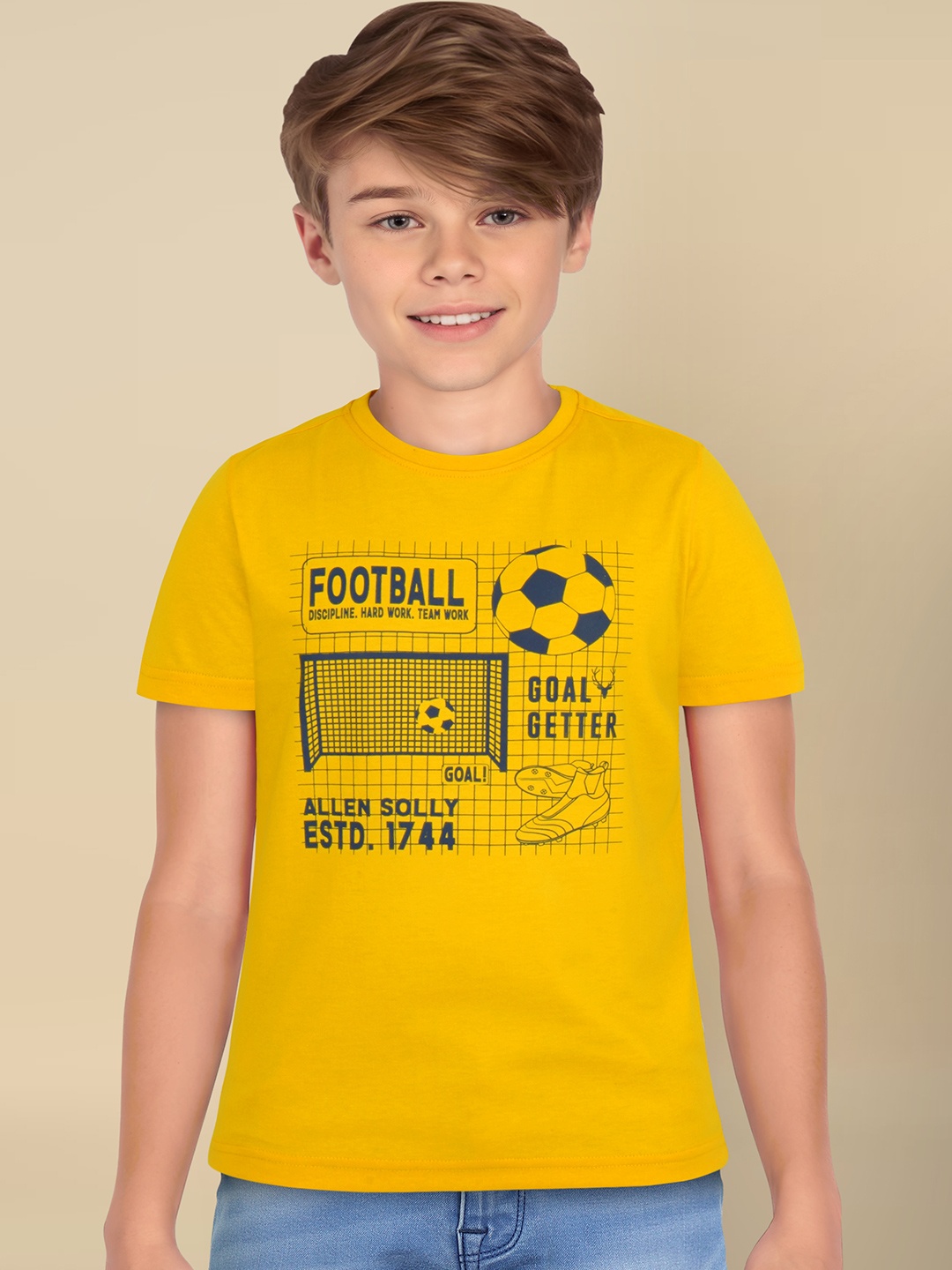 Allen Solly Junior Boys Typography Printed Applique T-shirt, Yellow