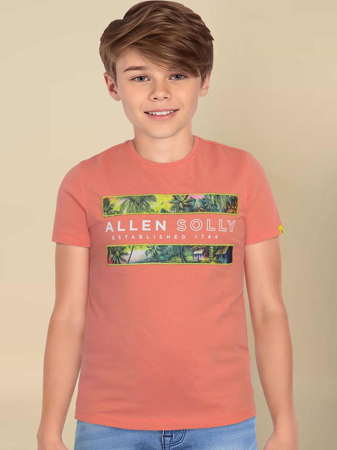 

Allen Solly Junior Boys Typography Printed Applique T-shirt, Peach