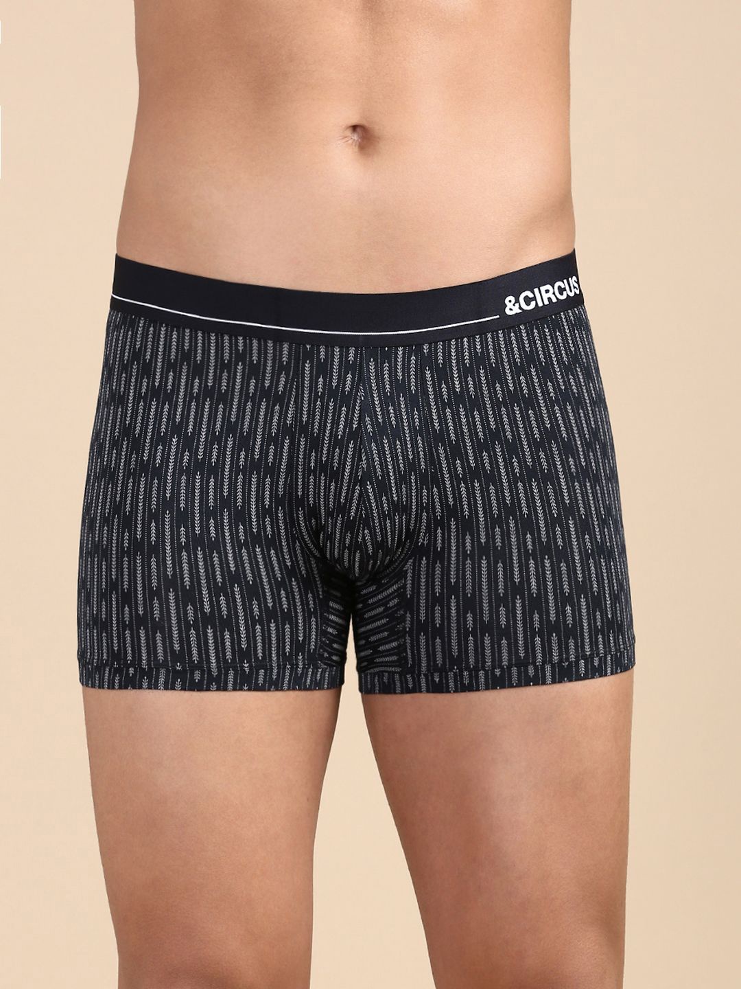 

&CIRCUS Men Printed Mid-Rise Modal Trunks, Black