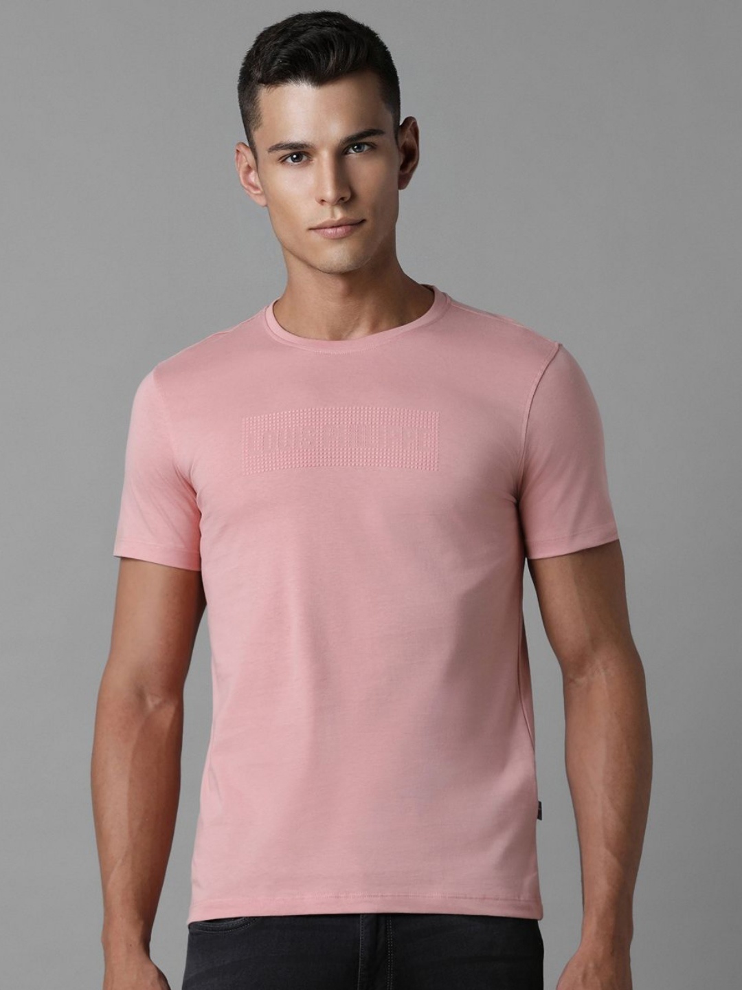 

Louis Philippe Jeans Men Solid Round Neck Cotton Slim Fit T-Shirt, Pink