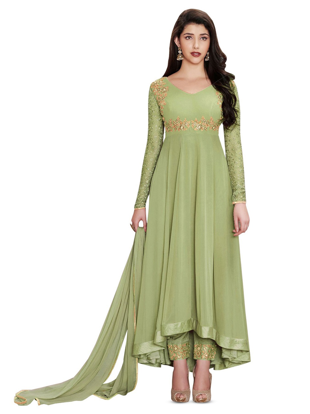 

Fashion Basket Embroidered Semi-Stitched Dress Material, Green