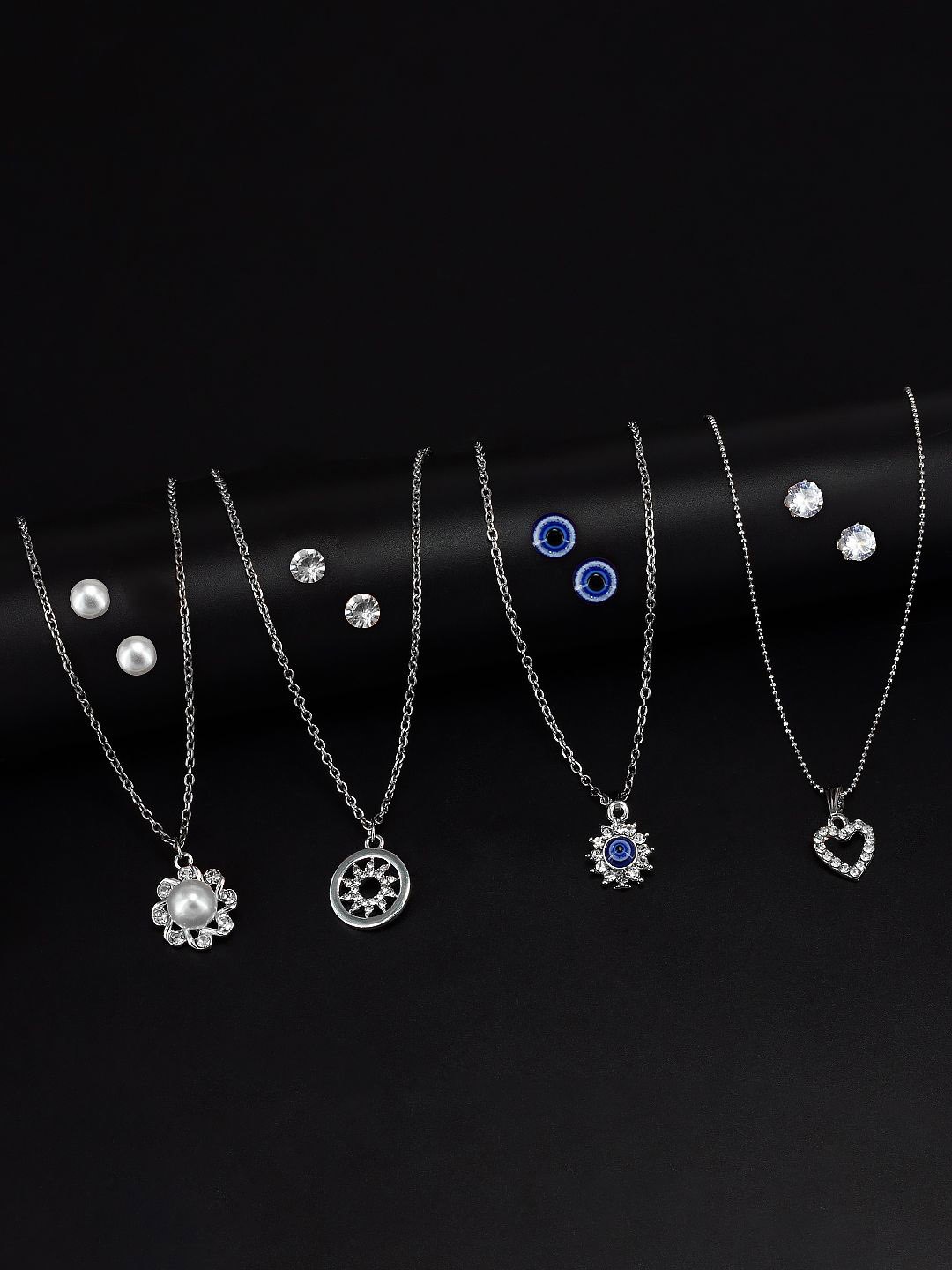 

PRIVIU Set Of 4 Cubic Zirconia Studded Evil Eye Silver Jewellery Set