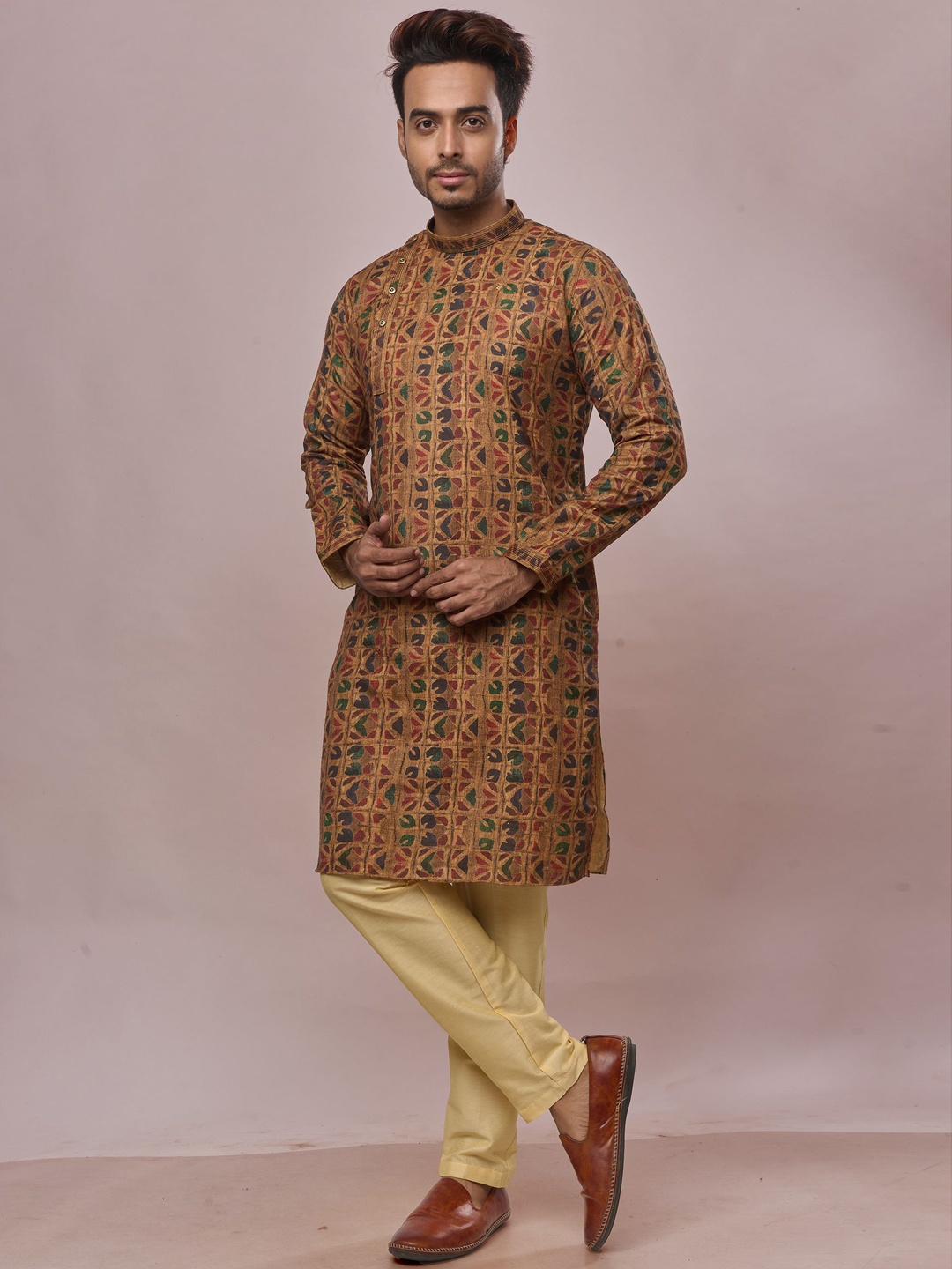 

KHAAS Floral Printed Band Collar Silk Cotton Straight Kurta, Brown