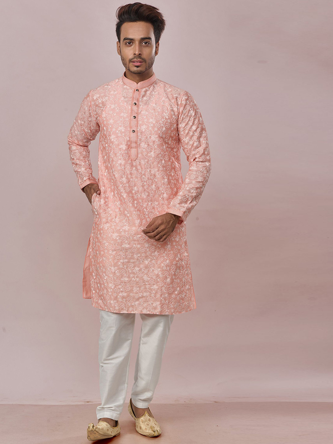 

KHAAS Floral Embroidered Mandarin Collar Silk Straight Kurta, Pink