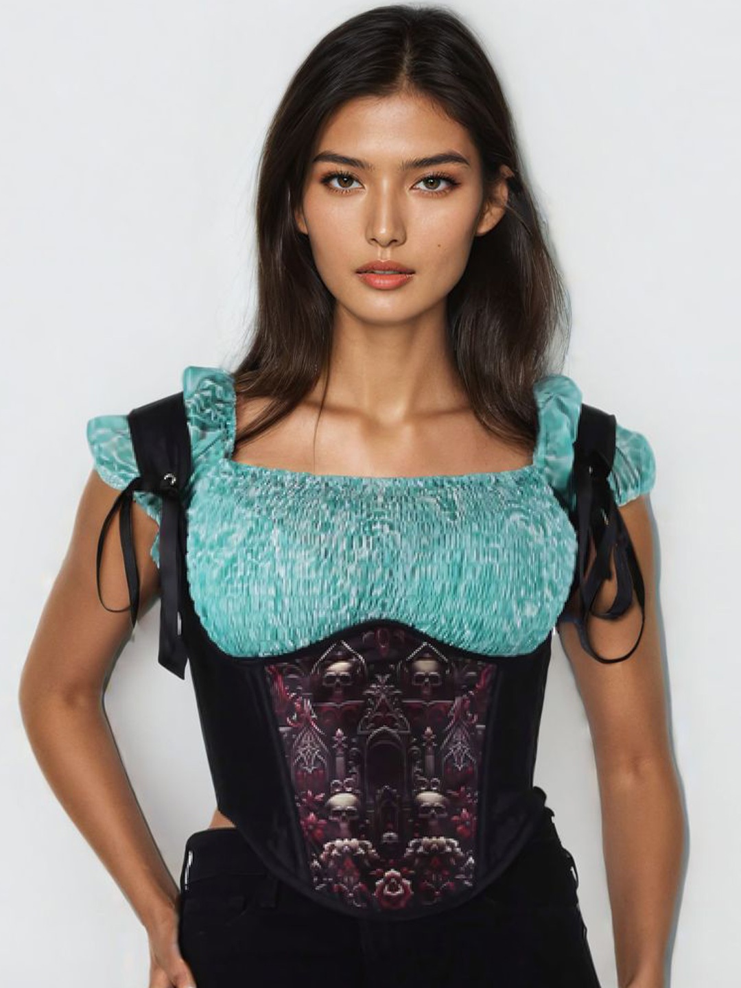 

Bunny Corset Floral Sheen Top, Black