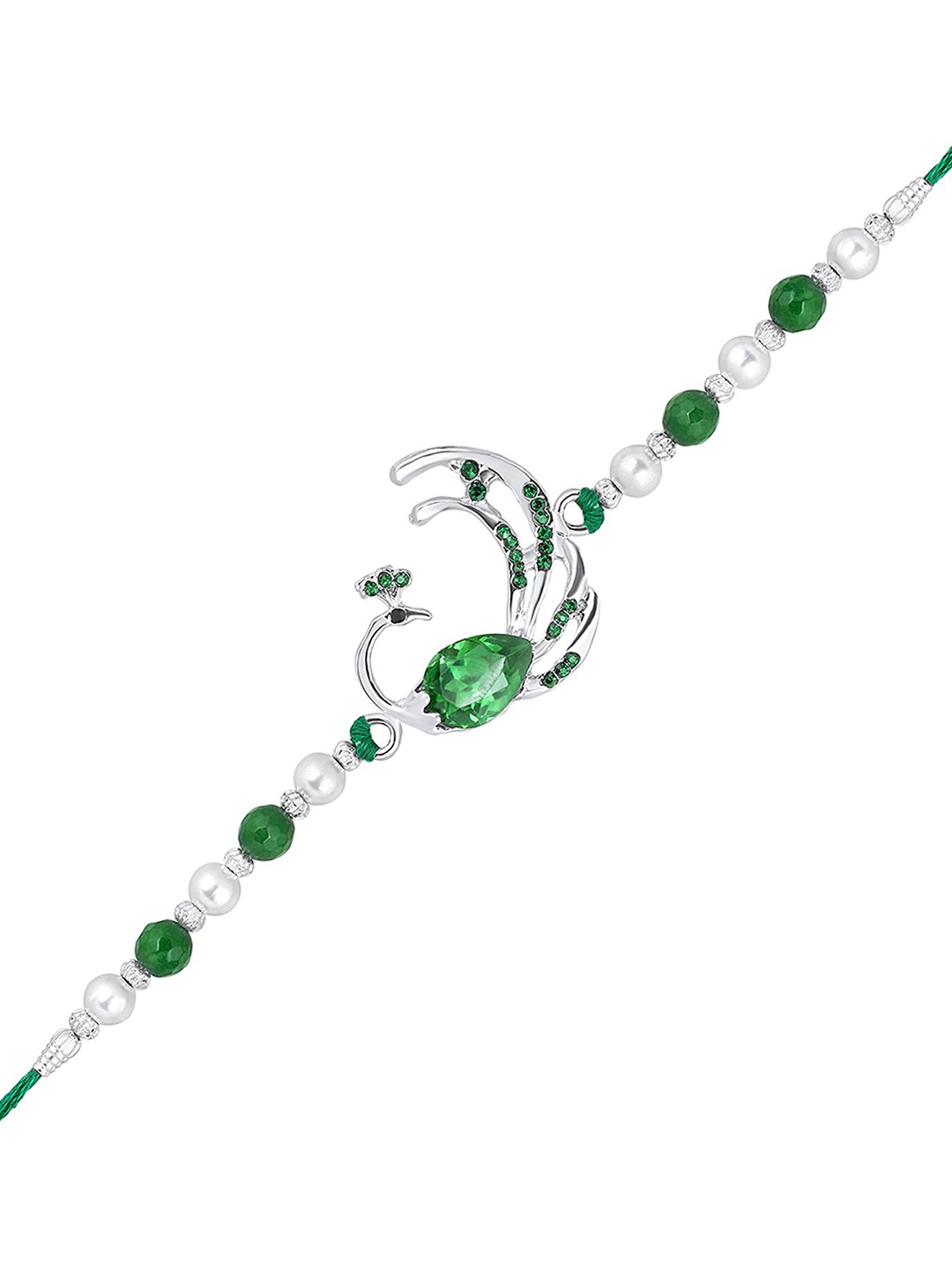 

Mahi Peacock-Shaped Stone-Studded Thread Rakhi, Green