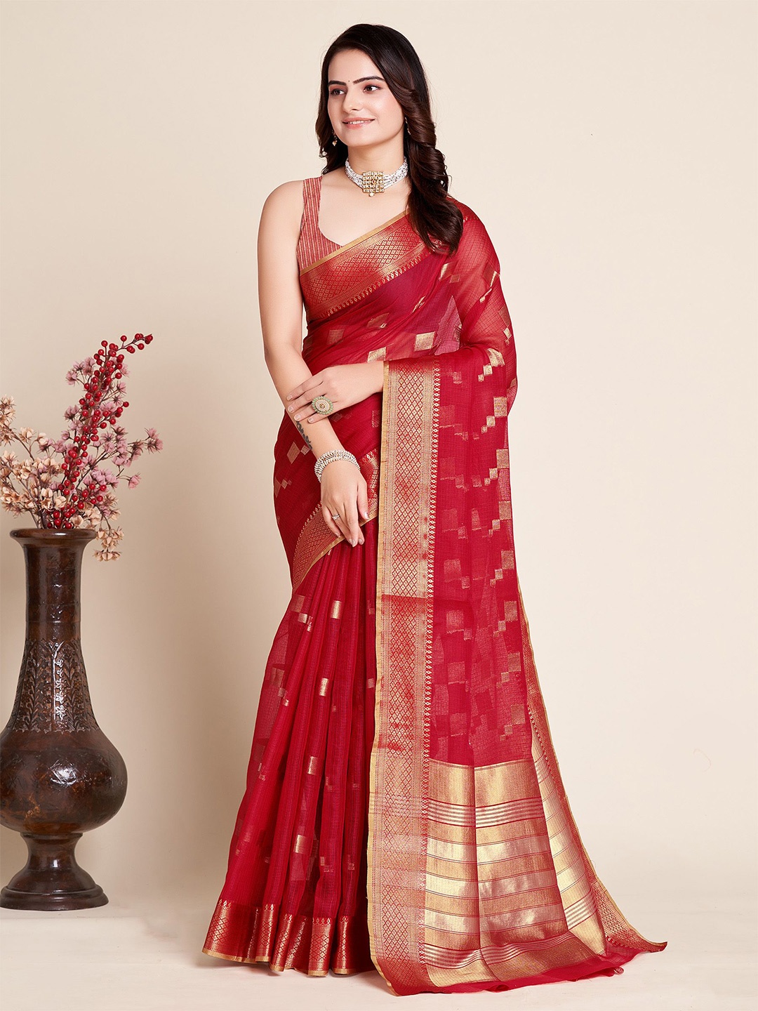 

Anjaneya Sarees Woven Designed Zari Chanderi Saree, Red