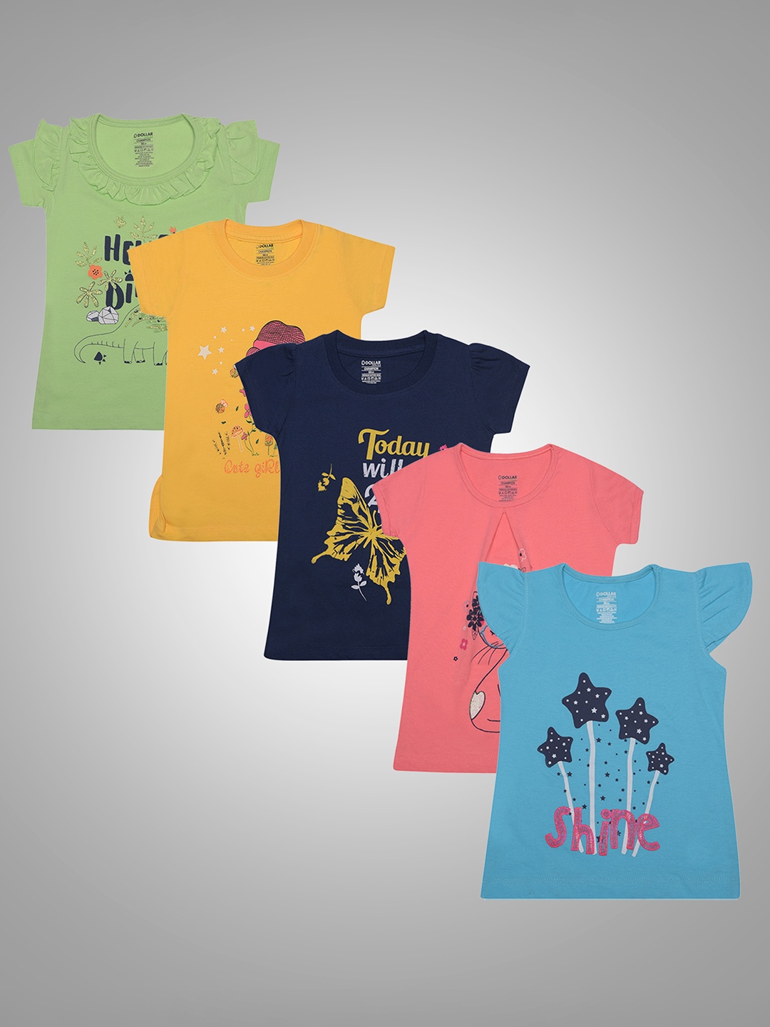 

Dollar Champion Kidswear Girls Pack Of 5 Typography Printed T-shirts, Blue