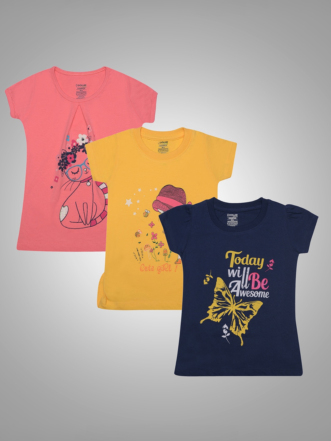 

Girls Pack Of 3 Graphic Printed T-shirts, Navy blue