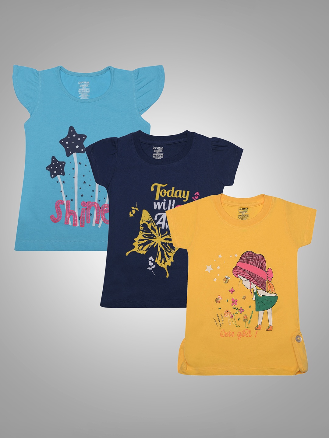 

Dollar Champion Kidswear Girls Pack Of 3 Graphic Printed T-shirts, Blue