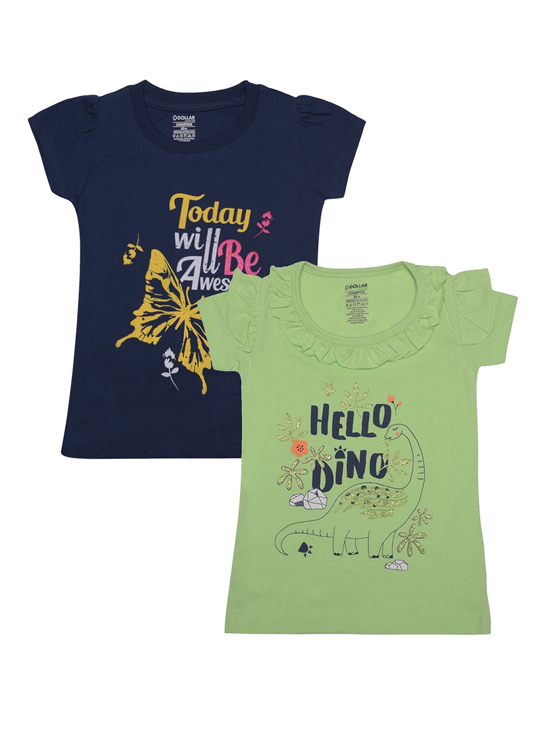 

Dollar Champion Kidswear Girls Pack Of 2 Typography Printed T-shirts, Green