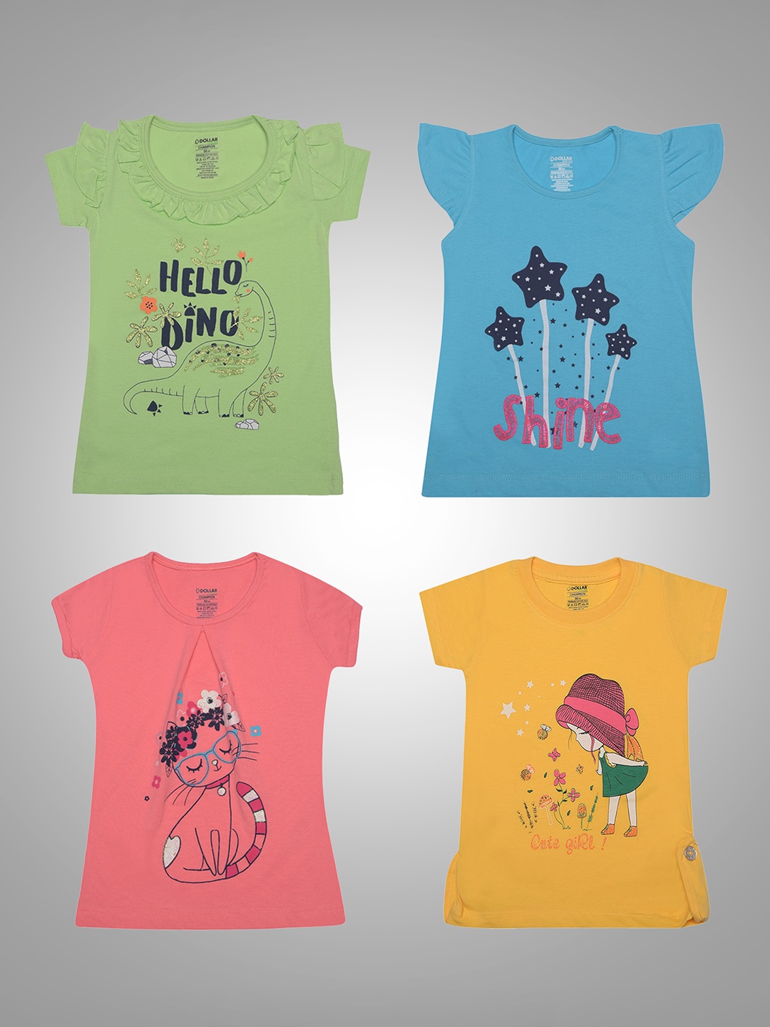 Dollar Champion Kidswear Girls Pack Of 4 Graphic Printed T-shirts, Green