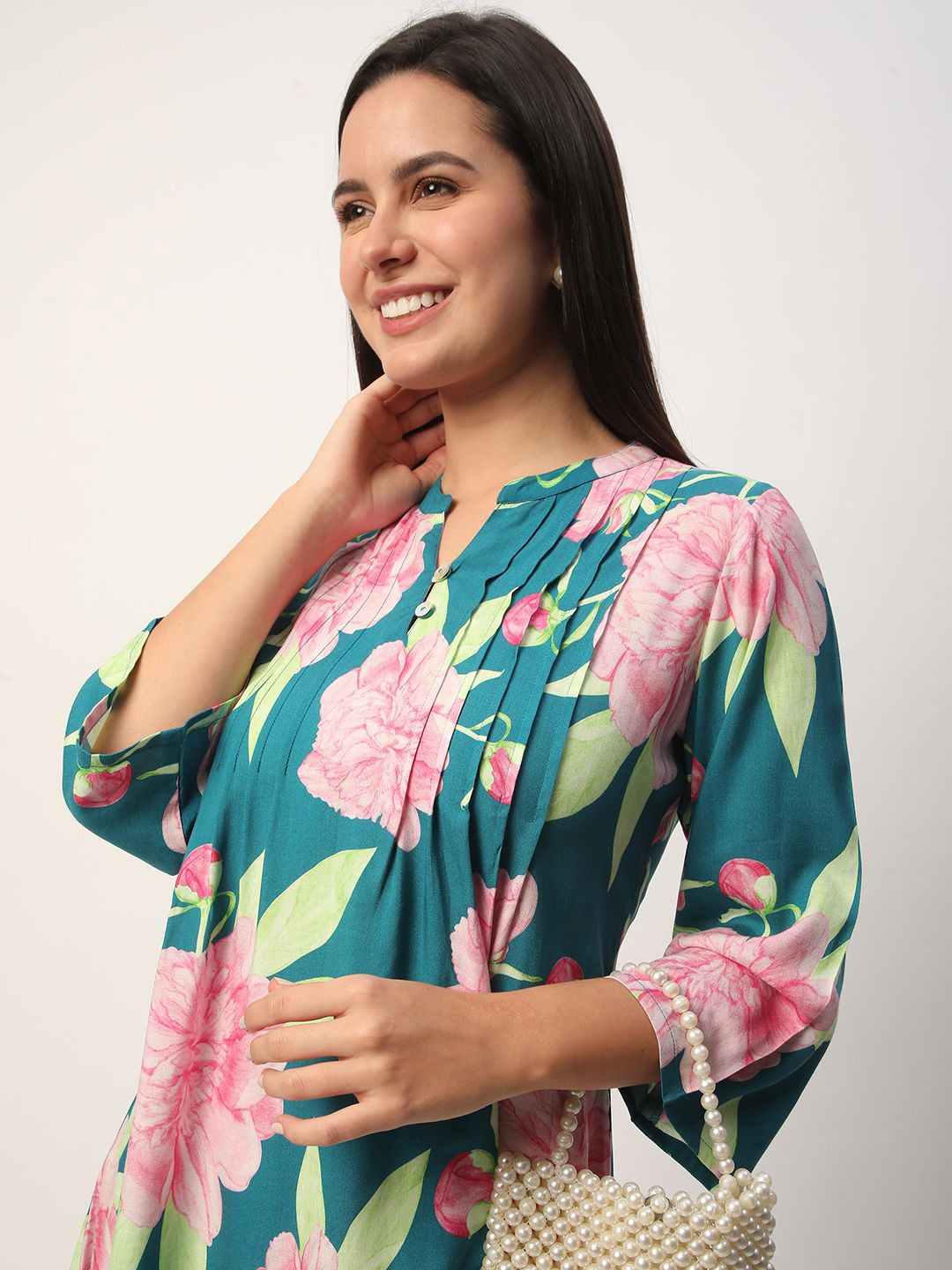 

R&B Mandarin Collar Printed Ethnic Tunic, Blue