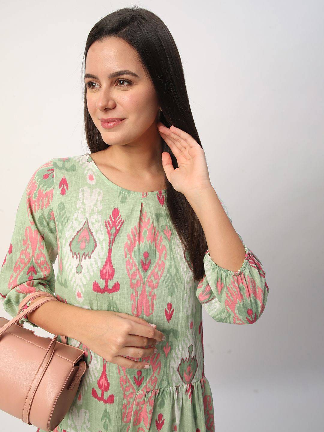 

R&B Women's Ethnic Motifs Print Puff Sleeve Drop-Waist Dress, Green