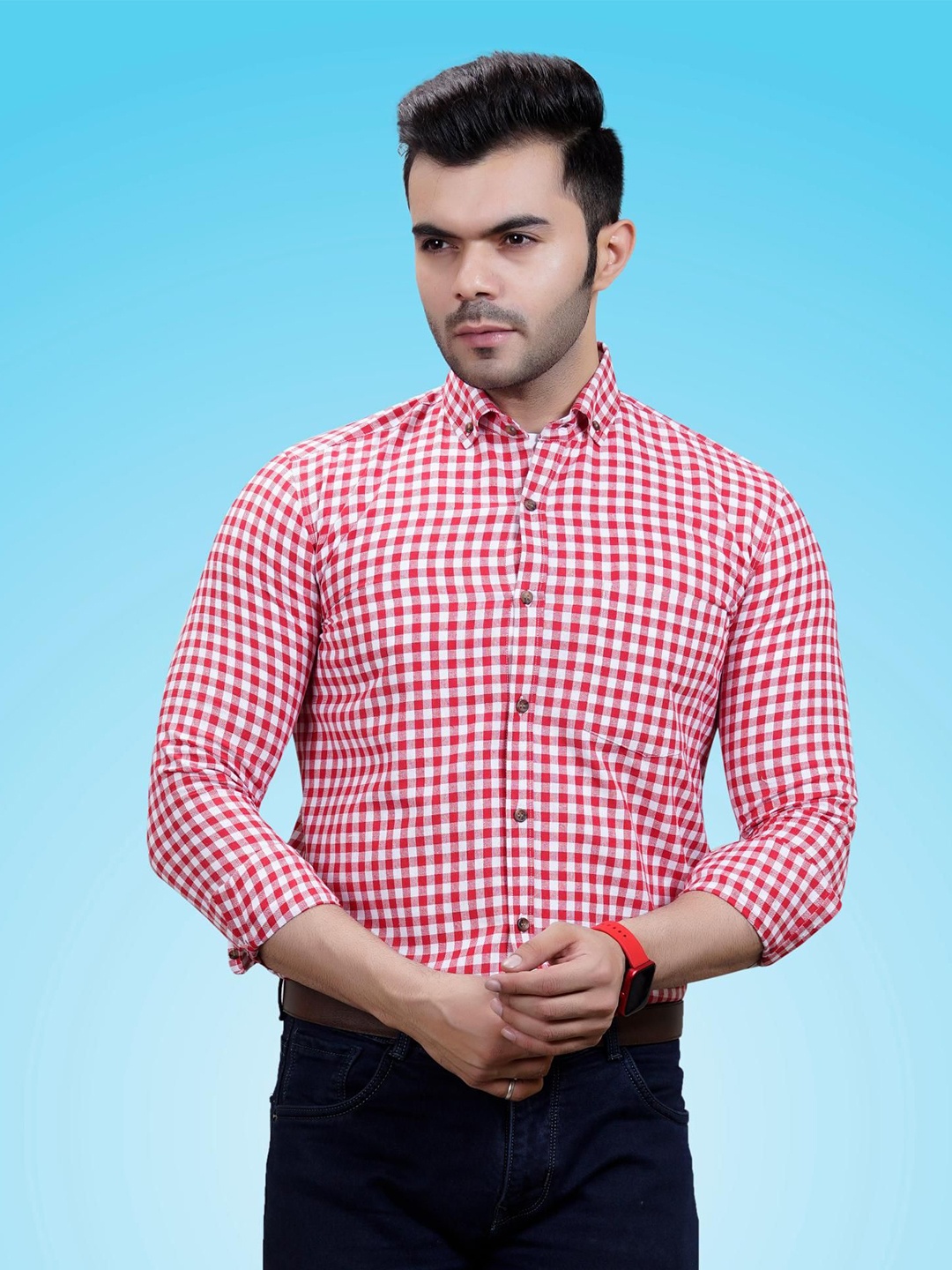 

BAESD Men Premium Slim Fit Gingham Checks Opaque Checked Casual Shirts, Red