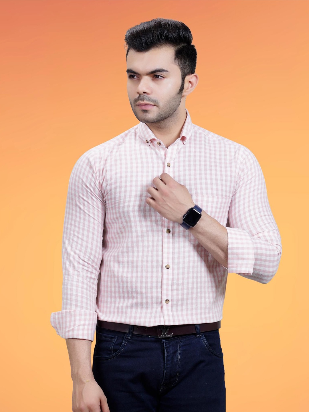 

BAESD Men Premium Slim Fit Opaque Checked Casual Shirts, Peach
