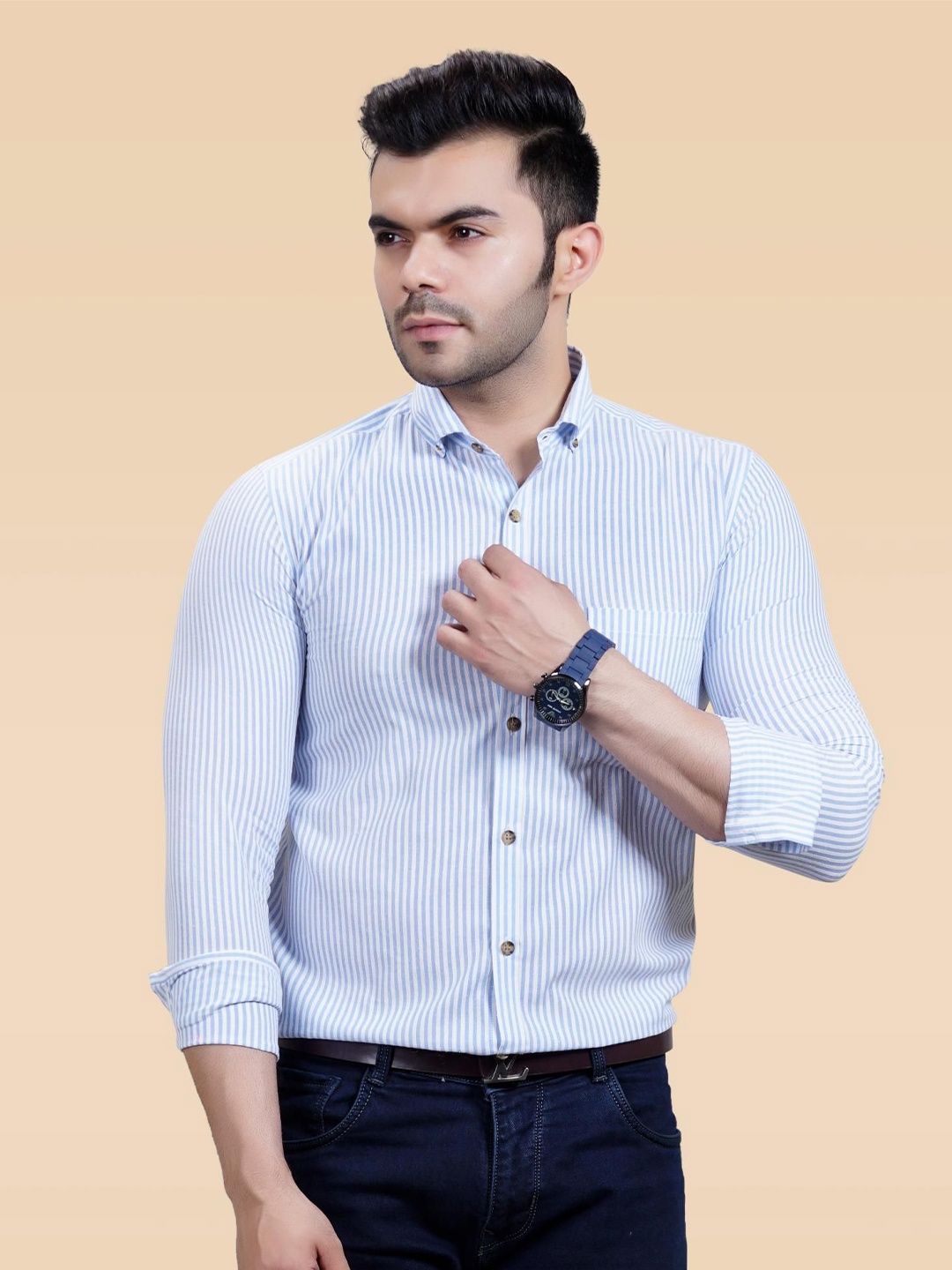 

BAESD Men Premium Slim Fit Opaque Striped Casual Shirts, Blue