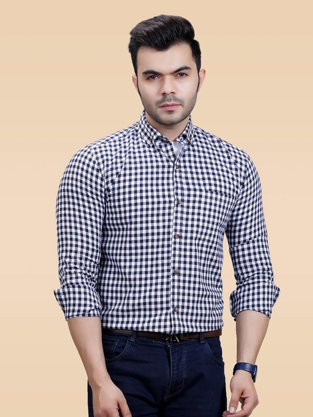 

BAESD Men Premium Slim Fit Gingham Checks Opaque Checked Casual Shirts, Black