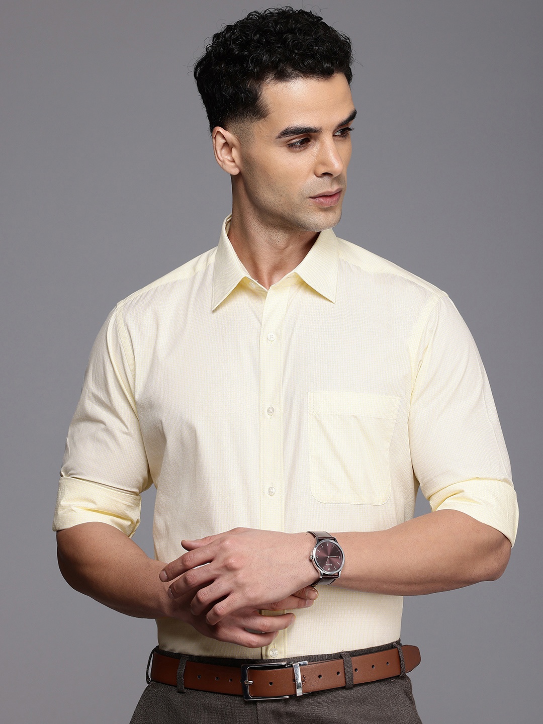 

Raymond Slim Fit Opaque Checked Pure Cotton Formal Shirt, Yellow