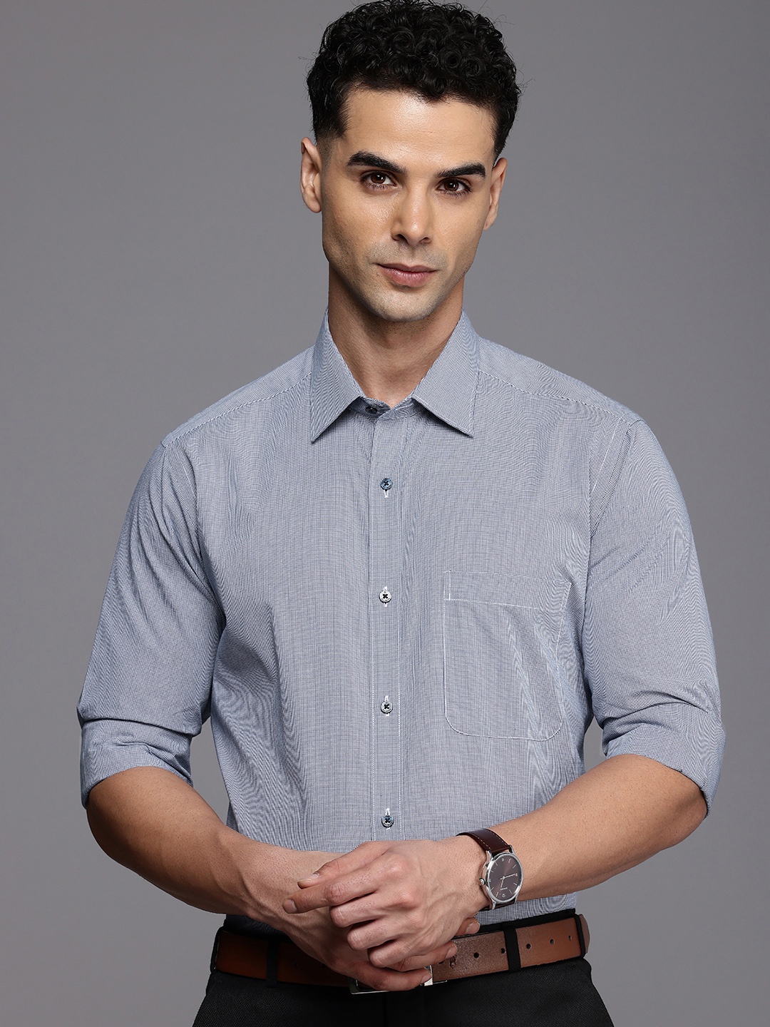 

Raymond Slim Fit Micro Checked Cutaway Collar Pure Cotton Formal Shirt, Blue