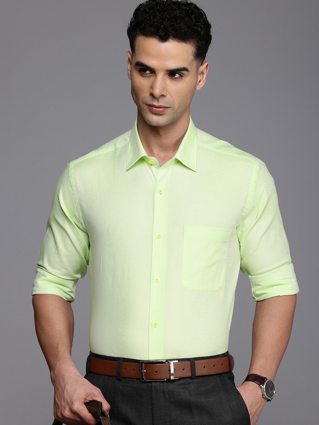 

Raymond Slim Fit Geometric Self Design Pure Cotton Formal Shirt, Green