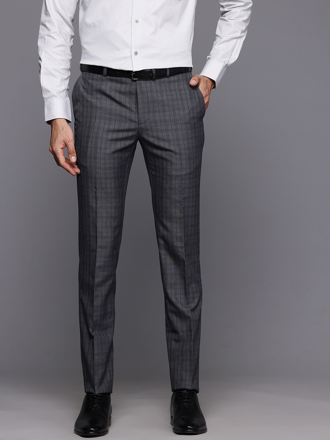 

Raymond Men Checked Slim Fit Formal Trousers, Grey