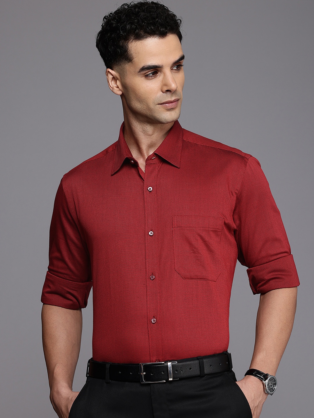 

Raymond Contemporary Fit Textured Self Design Pure Cotton Formal Shirt, Red